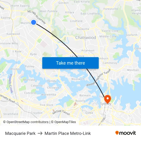 Macquarie Park to Martin Place Metro-Link map