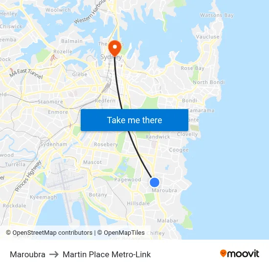 Maroubra to Martin Place Metro-Link map