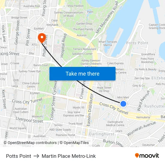 Potts Point to Martin Place Metro-Link map