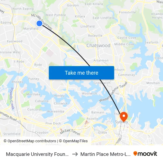 Macquarie University Fountain to Martin Place Metro-Link map