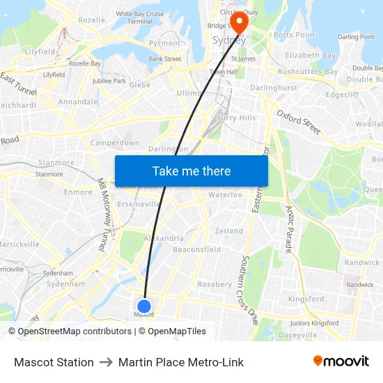 Mascot Station to Martin Place Metro-Link map