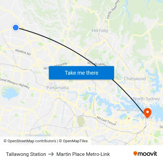 Tallawong Station to Martin Place Metro-Link map