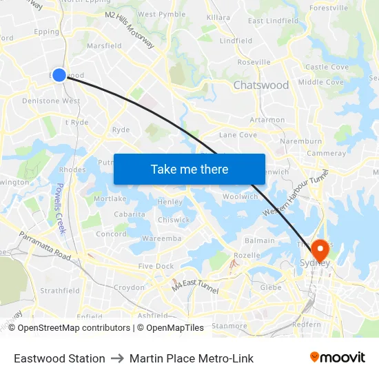 Eastwood Station to Martin Place Metro-Link map
