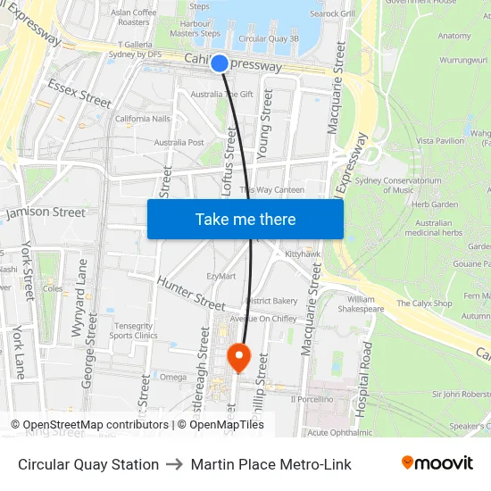 Circular Quay Station to Martin Place Metro-Link map