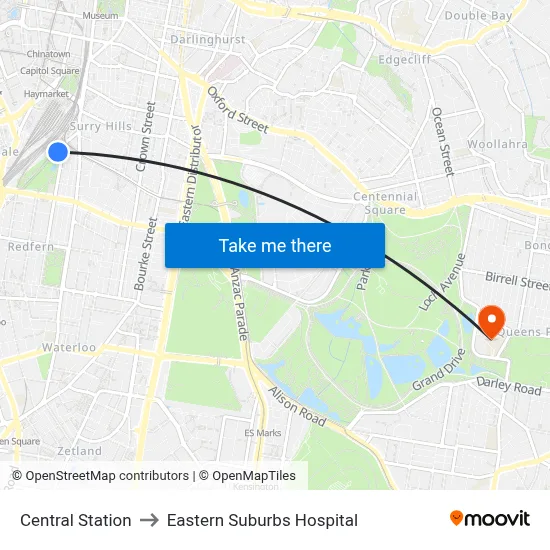 Central Station to Eastern Suburbs Hospital map