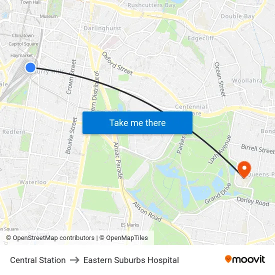 Central Station to Eastern Suburbs Hospital map