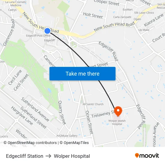 Edgecliff Station to Wolper Hospital map