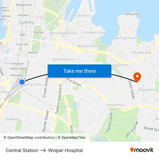 Central Station to Wolper Hospital map