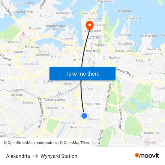 Alexandria to Wynyard Station map