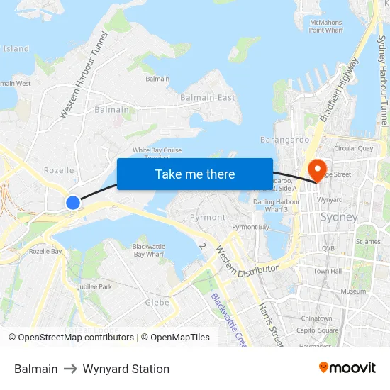 Balmain to Wynyard Station map