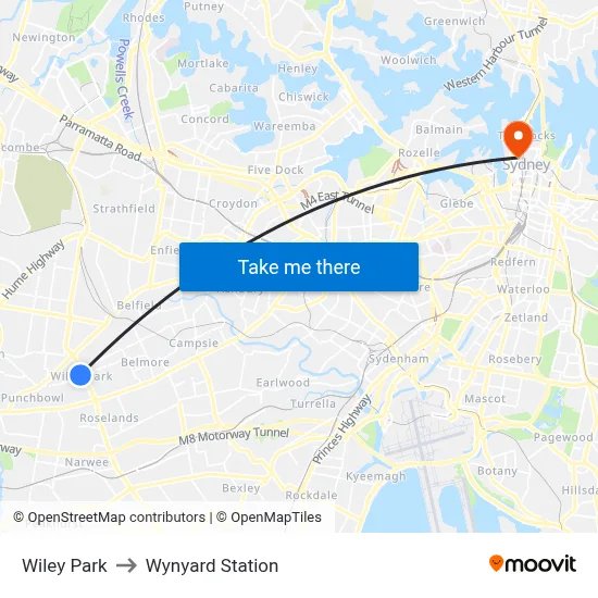 Wiley Park to Wynyard Station map