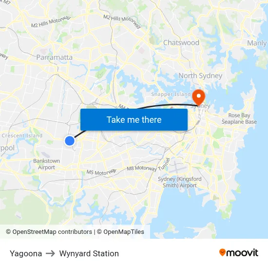 Yagoona to Wynyard Station map