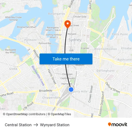 Central Station to Wynyard Station map