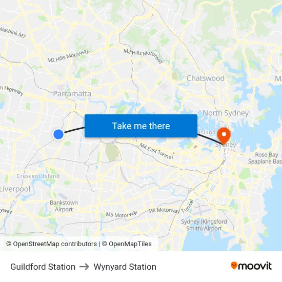 Guildford Station to Wynyard Station map