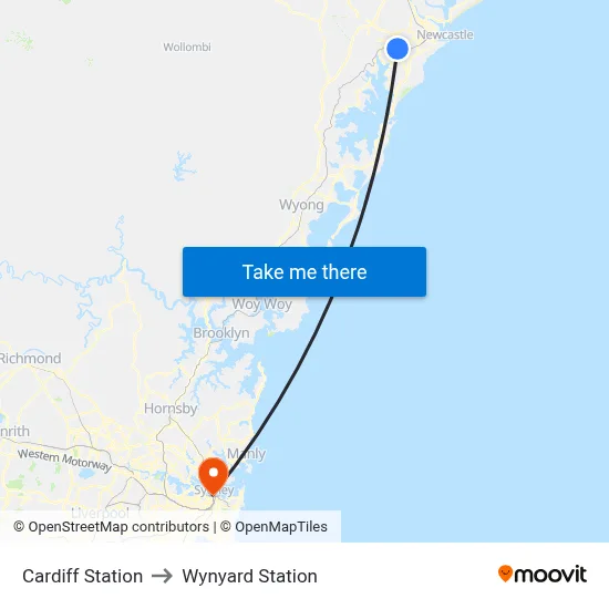 Cardiff Station to Wynyard Station map