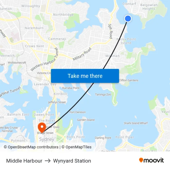 Middle Harbour to Wynyard Station map