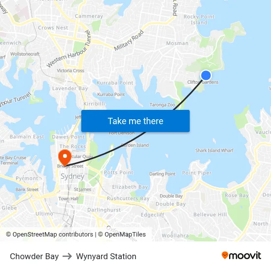 Chowder Bay to Wynyard Station map