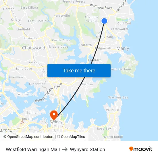 Westfield Warringah Mall to Wynyard Station map