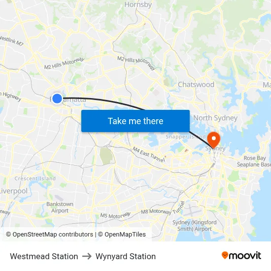 Westmead Station to Wynyard Station map