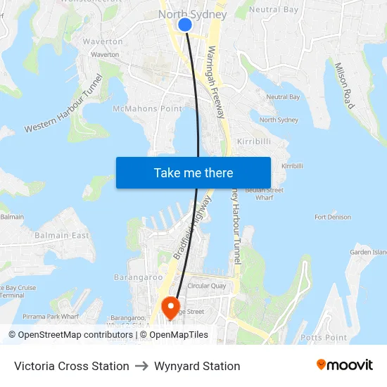 Victoria Cross Station to Wynyard Station map