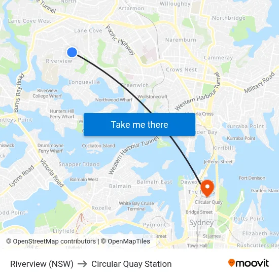 Riverview (NSW) to Circular Quay Station map