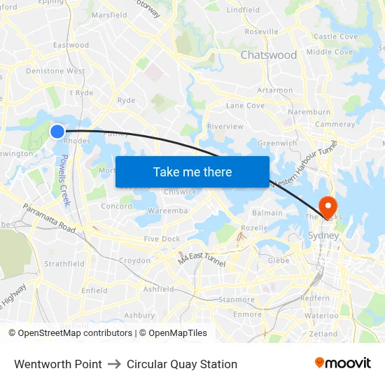 Wentworth Point to Circular Quay Station map
