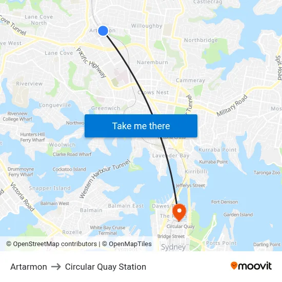 Artarmon to Circular Quay Station map