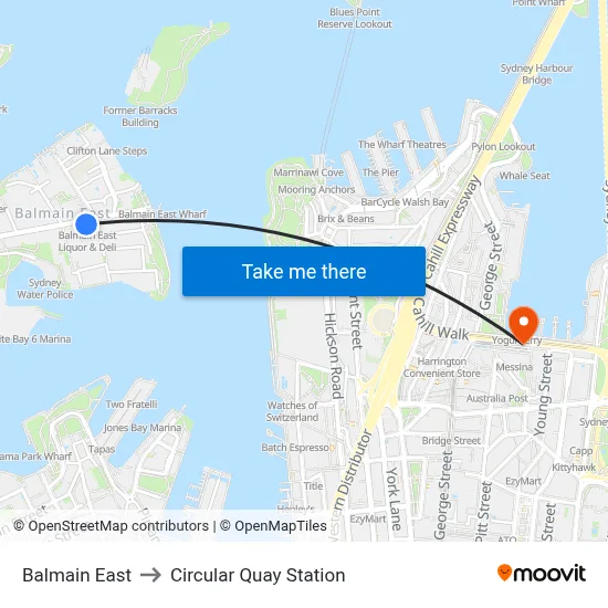 Balmain East to Circular Quay Station map