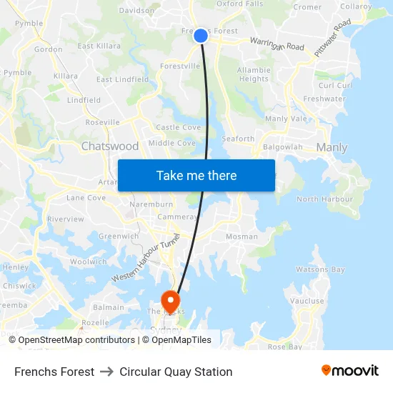 Frenchs Forest to Circular Quay Station map
