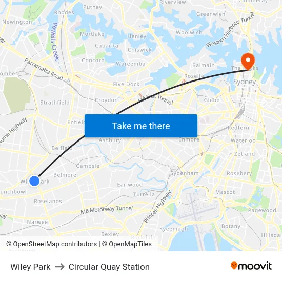 Wiley Park to Circular Quay Station map