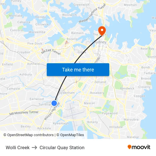 Wolli Creek to Circular Quay Station map