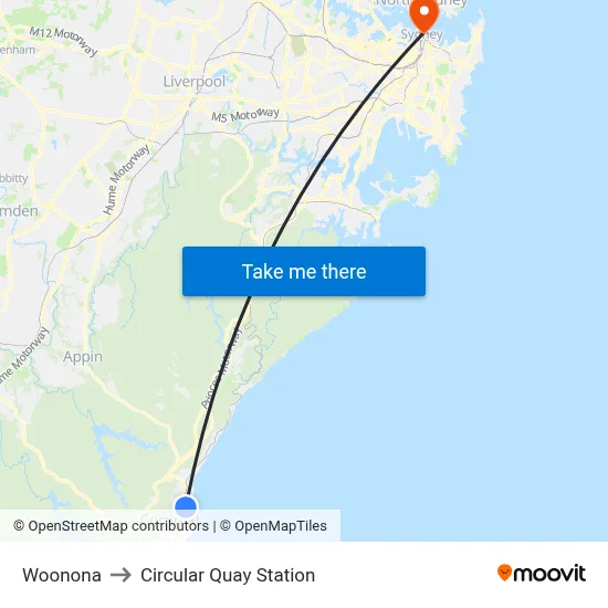 Woonona to Circular Quay Station map