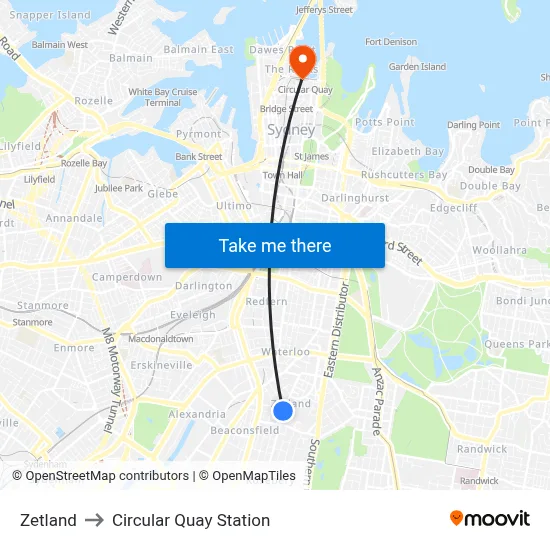 Zetland to Circular Quay Station map