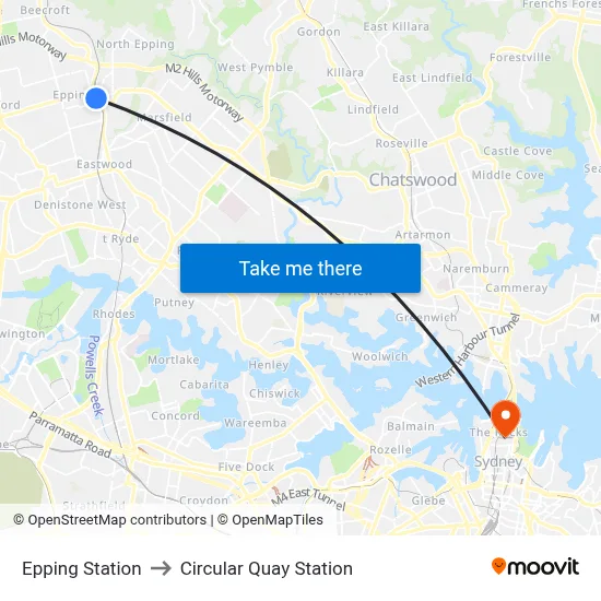 Epping Station to Circular Quay Station map