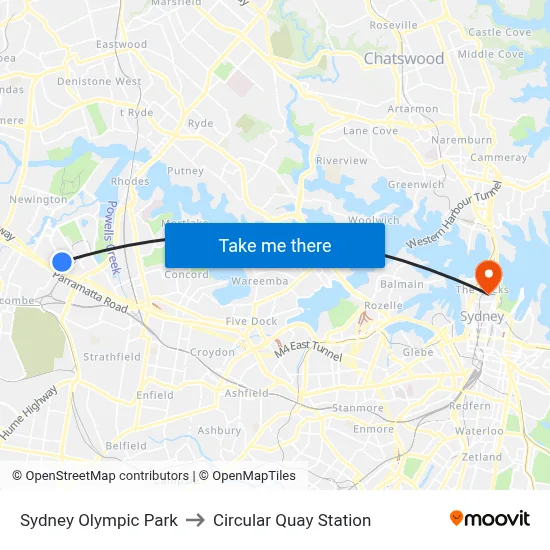 Sydney Olympic Park to Circular Quay Station map
