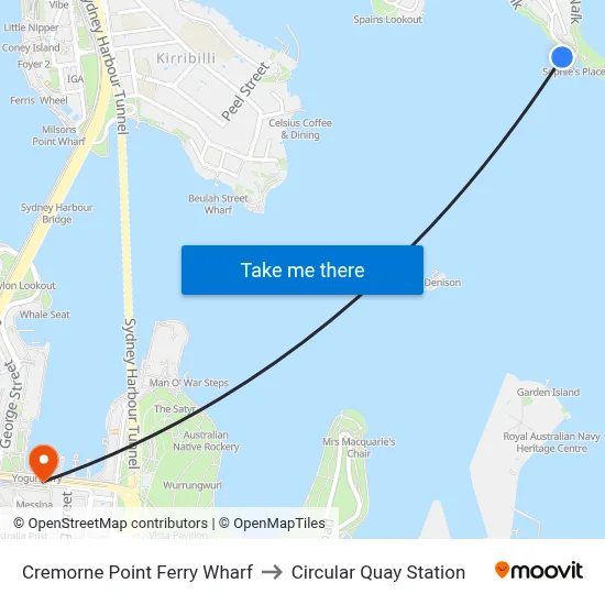 Cremorne Point Ferry Wharf to Circular Quay Station map