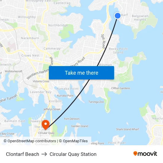 Clontarf Beach to Circular Quay Station map