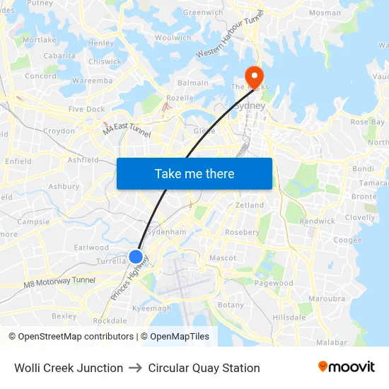Wolli Creek Junction to Circular Quay Station map