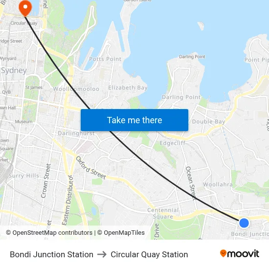 Bondi Junction Station to Circular Quay Station map