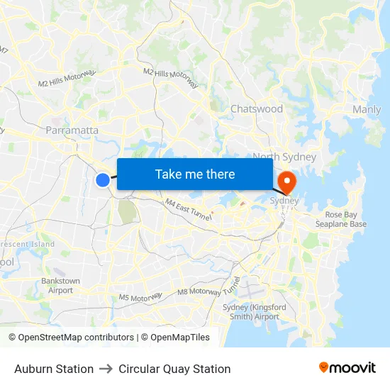Auburn Station to Circular Quay Station map