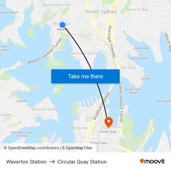 Waverton Station to Circular Quay Station map