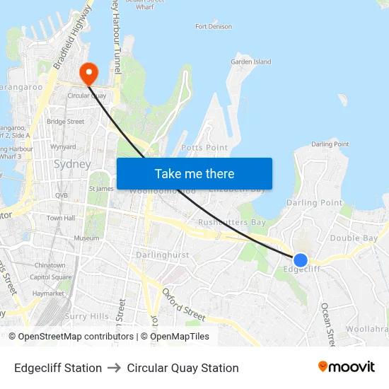 Edgecliff Station to Circular Quay Station map