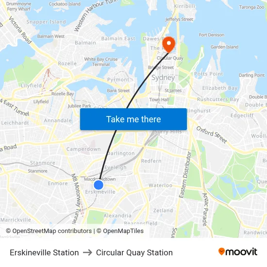 Erskineville Station to Circular Quay Station map