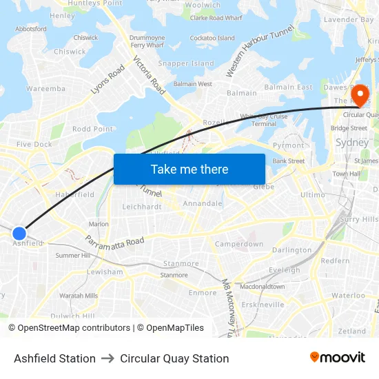 Ashfield Station to Circular Quay Station map