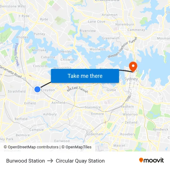 Burwood Station to Circular Quay Station map