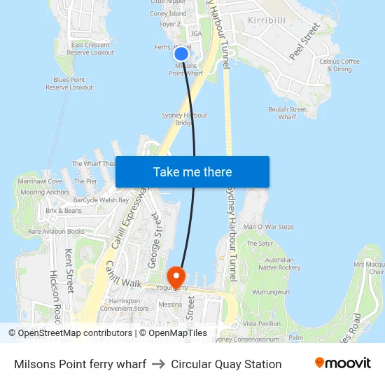 Milsons Point ferry wharf to Circular Quay Station map