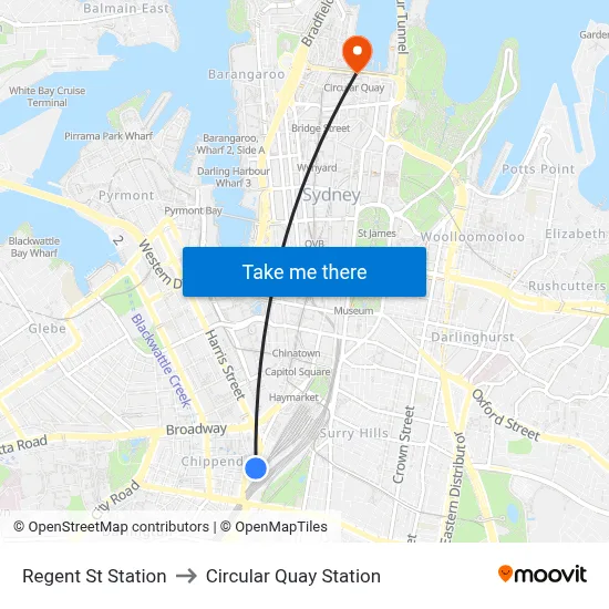 Regent St Station to Circular Quay Station map