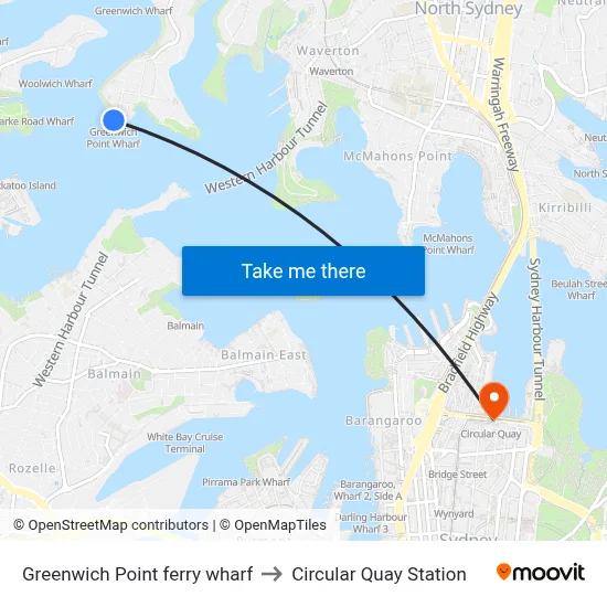 Greenwich Point ferry wharf to Circular Quay Station map