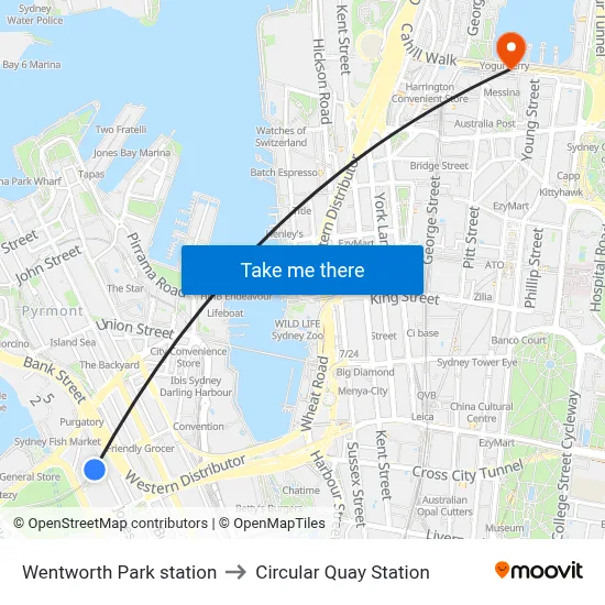 Wentworth Park station to Circular Quay Station map