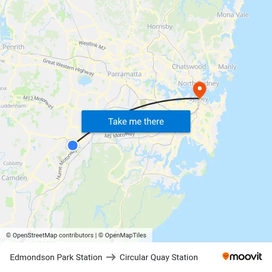 Edmondson Park Station to Circular Quay Station map